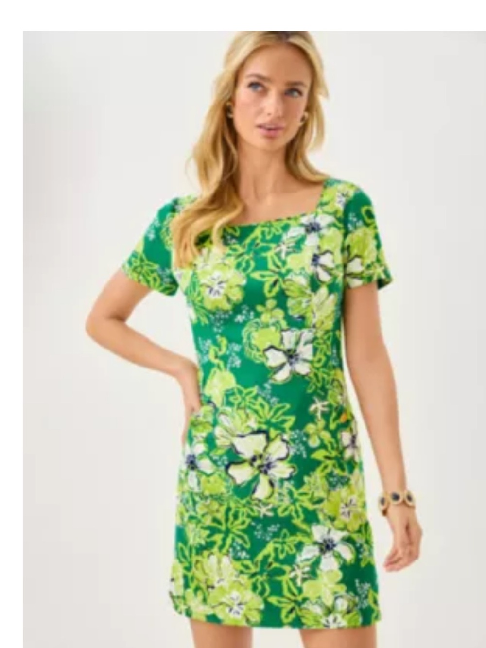 Lilly Pulitzer Green Floral Square-Neck lined Dress